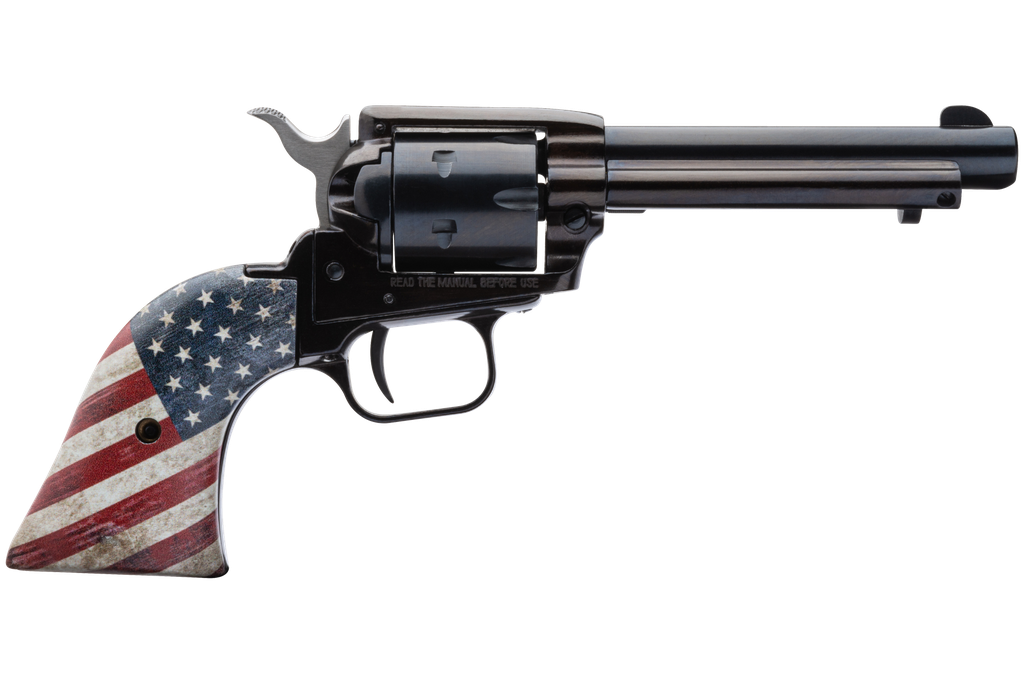HERITAGE MFG RR22B4USFLAG ROUGH RIDER  22 LR 6 SHOT, 4.75" BLACK OXIDE STEEL BARREL, BLACK OXIDE ZINC ALLOY FRAME, BLACK OXIDE CYLINDER, US FLAG GRIP MANUAL SAFETY, EXPOSED HAMMER