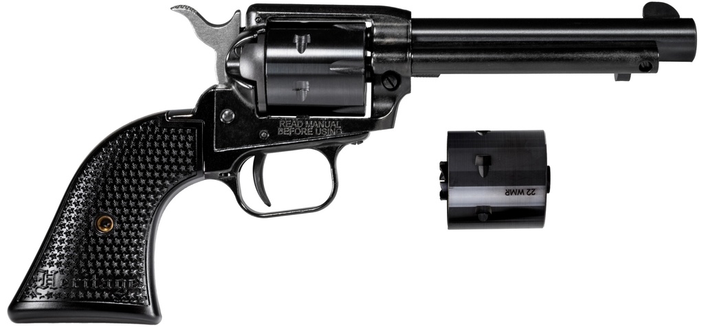 HERITAGE MFG RR22MB4PG ROUGH RIDER  22 LR/22 WMR 6 SHOT, 4.75" BLACK STEEL BARREL, BLACK CERAKOTE ZINC ALLOY FRAME, BLACK CERAKOTE CYLINDER, BLACK POLYMER GRIP, HAMMER/THUMB SAFETY, EXPOSED HAMMER