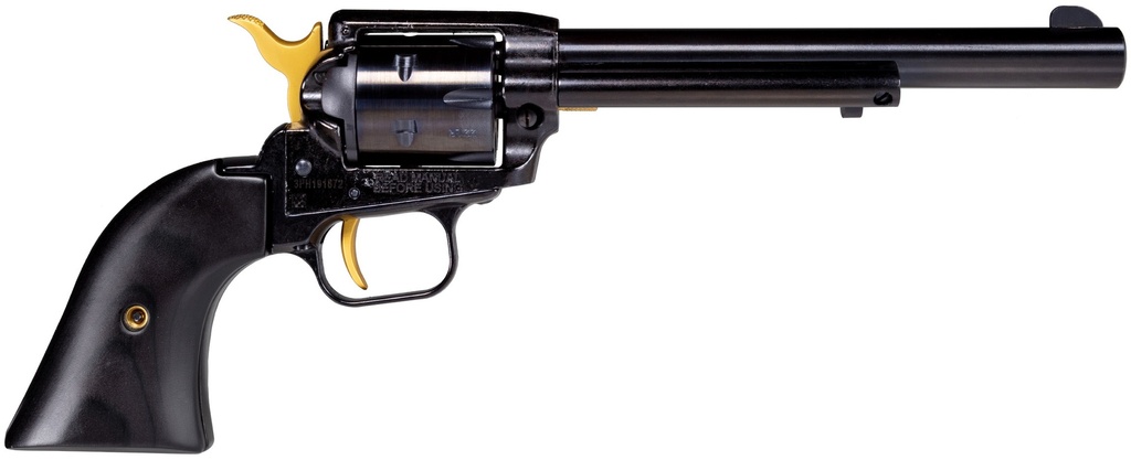 HERITAGE MFG RR22B6-GLD ROUGH RIDER  22 LR 6 SHOT 6.50" BLACK OXIDE ALLOY STEEL BARREL, BLACK W/GOLD ACCENTS STEEL FRAME, BLACK OXIDE CYLINDER, BLACK LAMINATE WOOD GRIP, MANUAL SAFETY, EXPOSED HAMMER