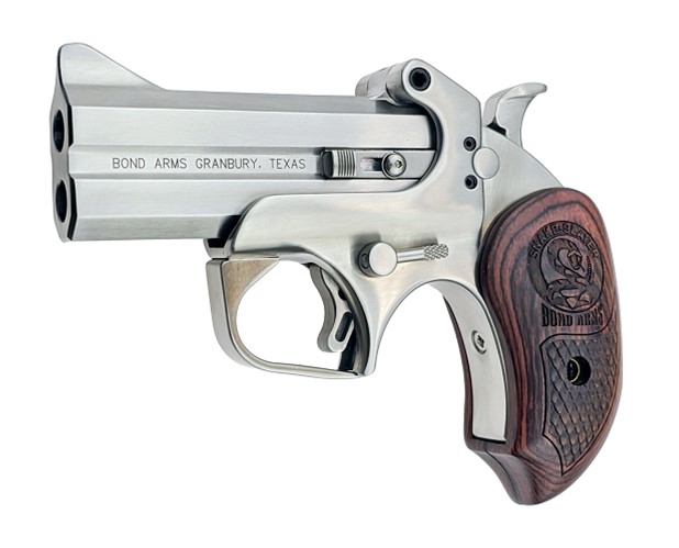 BOND ARMS BASS SNAKESLAYER ORIGINAL DERRINGER SINGLE 357 MAGNUM 2RD 3.50" BARREL, STAINLESS METAL FINISH, BLADE FRONT/FIXED REAR SIGHTS, EXTENDED ROSEWOOD GRIP, REMOVEABLE TRIGGER GUARD, MANUAL SAFETY