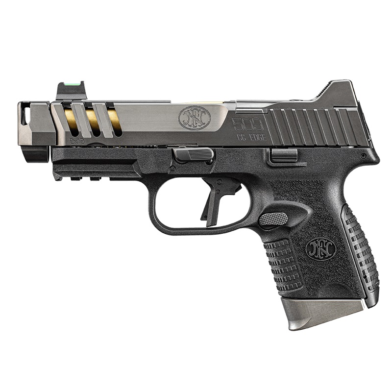 FN 66101350 509 CC EDGE 9MM LUGER 10+1 (3) 4.20" THREADED GOLD BARREL, BLACK FRAME, GRAPHITE OPTIC & LIGHTENING CUT SLIDE, OPTIC HEIGHT FIBER OPTIC SIGHTS, COMPENSATOR (NO MANUAL)