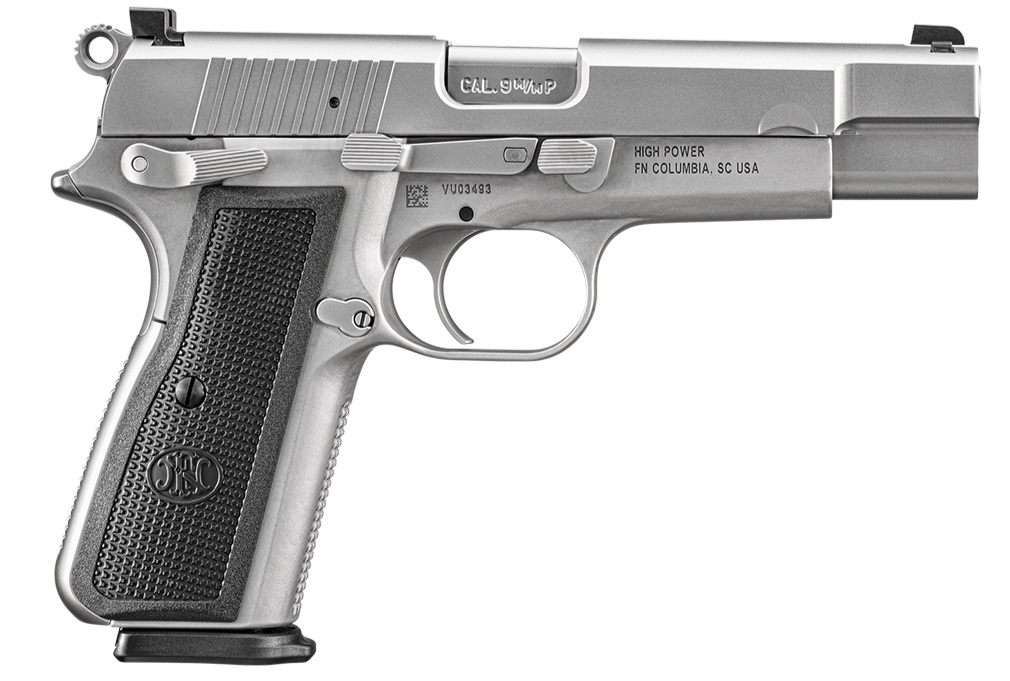 FN 66101116 HIGH POWER  9MM LUGER 10+1 4.70" BLACK TARGET CROWN STEEL BARREL, STAINLESS PVD SERRATED STEEL SLIDE, MATTE STAINLESS STEEL FRAME W/BEAVERTAIL, BLACK TEXTURED POLYMER GRIP, AMBIDEXTROUS