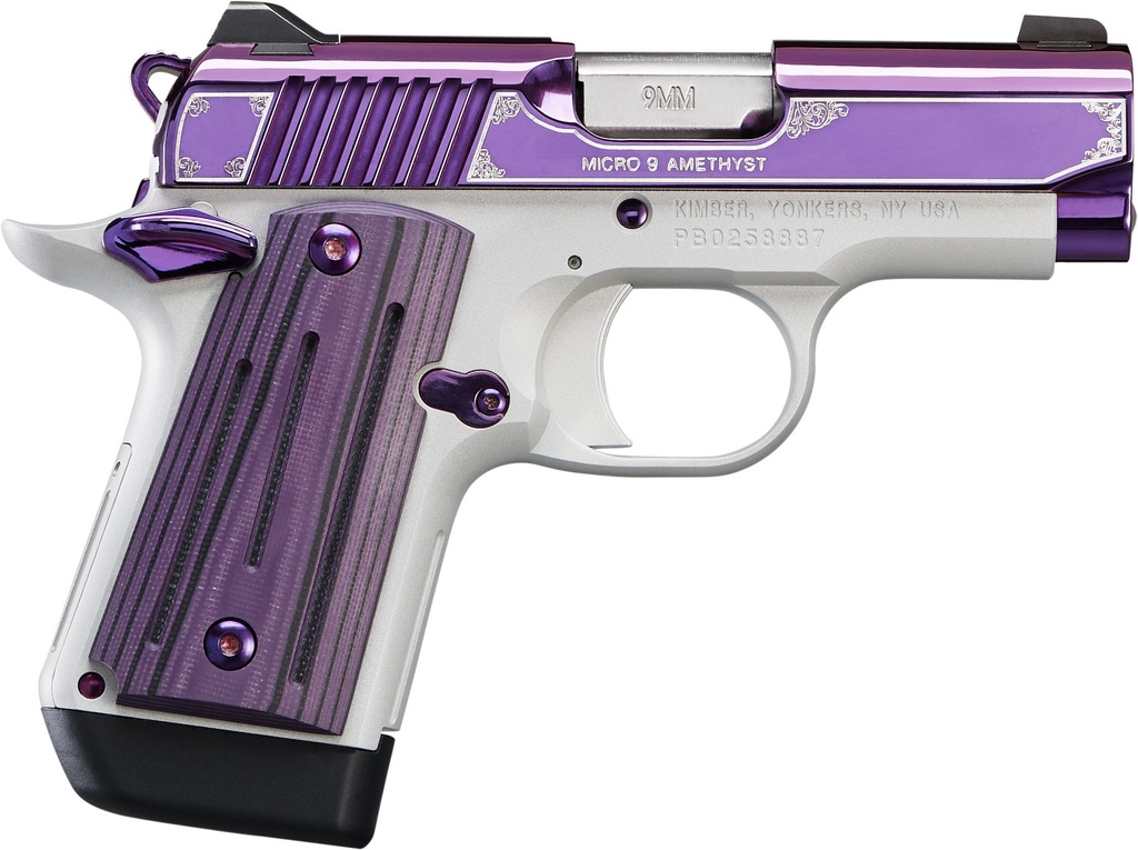 KIMBER MFG, INC 3300214 MICRO 9  9MM LUGER 7+1 3.15" STAINLESS RAMPED STEEL BARREL, PURPLE PVD W/BORDER ENGRAVING STAINLESS STEEL SERRATED SLIDE, KIMPRO II SILVER ALUMINUM FRAME, BLACK/PURPLE G10 GRIP