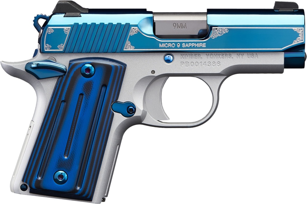 KIMBER MFG.,INC 3300111 MICRO 9 SAPPHIRE 9MM 6+1 3.15" POLISHED BRIGHT BLUE PVD COATING STAINLESS STEEL SLIDE G-10 GRIP