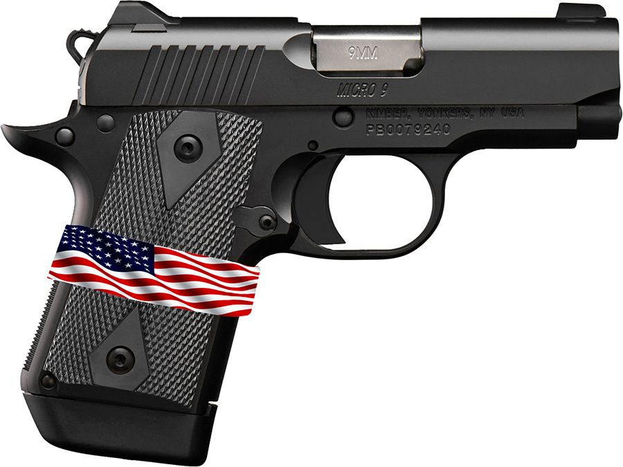 KIMBER MFG, INC 3300244 MICRO 9 LIBERTY MICRO FRAME 9MM LUGER 7+1 3.15" STAINLESS RAMPED BARREL, KIMPRO II BLACK SERRATED STAINLESS STEEL SLIDE, KIMPRO II BLACK ALUMINUM FRAME W/BEAVERTAIL