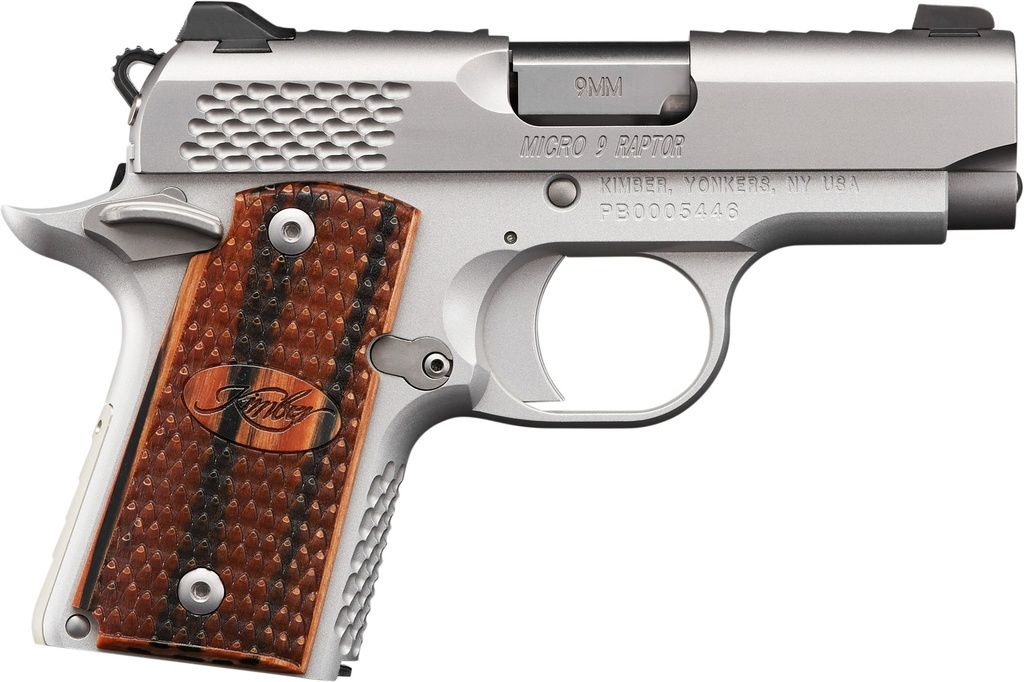 KIMBER MFG.,INC 3300109 MICRO 9 STAINLESS RAPTOR 9MM 6+1 3.15" STAINLESS STEEL SLIDE KIMPRO SILVER ZEBRAWOOD WITH SCALE PATTERN AND KIMBER LOGO GRIP
