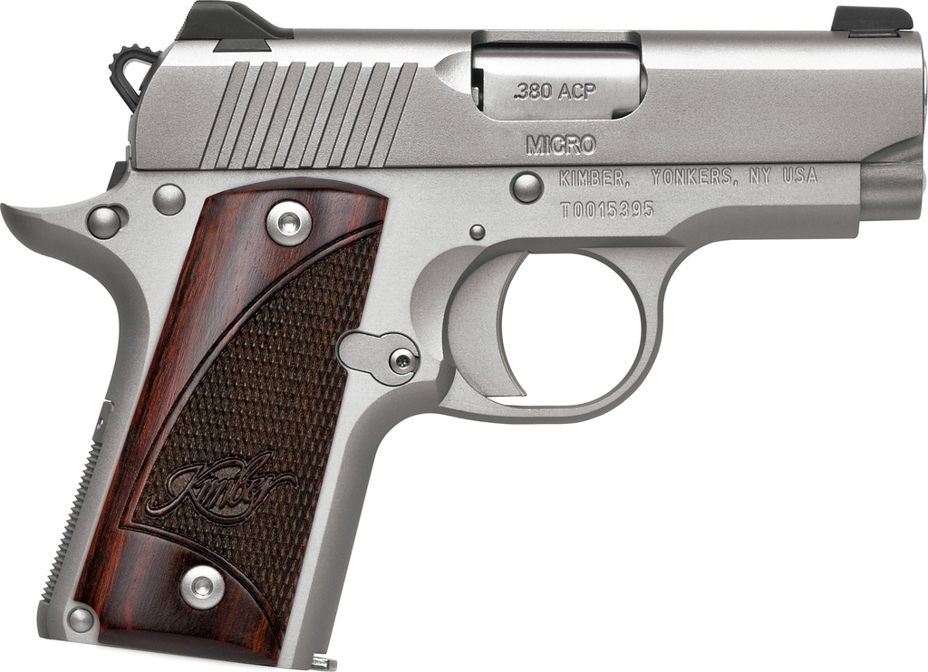 KIMBER MFG.,INC 3300207 MICRO STAINLESS ROSEWOOD NS 380 ACP 7+1 2.75" STAINLESS STEEL SLIDE SATIN SILVER SMOOTH/CHECKERED ROSEWOOD GRIP