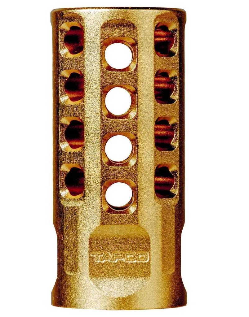 TAPCO TAP22032  MUZZLE BRAKE GOLD ANODIZED ALUMINUM 1/2"X28 THREADS 2" OAL .920" DIAMETER 22LR