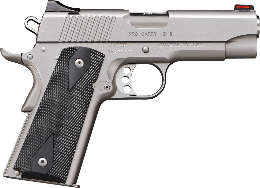 KIMBER MFG.,INC 3200044CA PRO CARRY HD II (CA) 38 SUPER 9+1 4" STAINLESS STEEL SLIDE SATIN SILVER BLACK SYNTHETIC DOUBLE DIAMOND CHECKERING GRIP