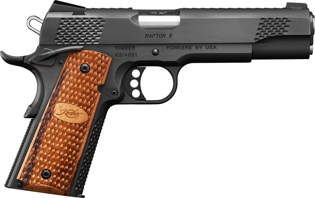 KIMBER MFG, INC 3200117CA RAPTOR II *CA COMPLIANT 45 ACP 8+1 5" STAINLESS MATCH GRADE BARREL, BRUSH POLISHED SERRATED STEEL SLIDE, MATTE BLACK STEEL FRAME W/BEAVERTAIL, ZEBRAWOOD GRIP