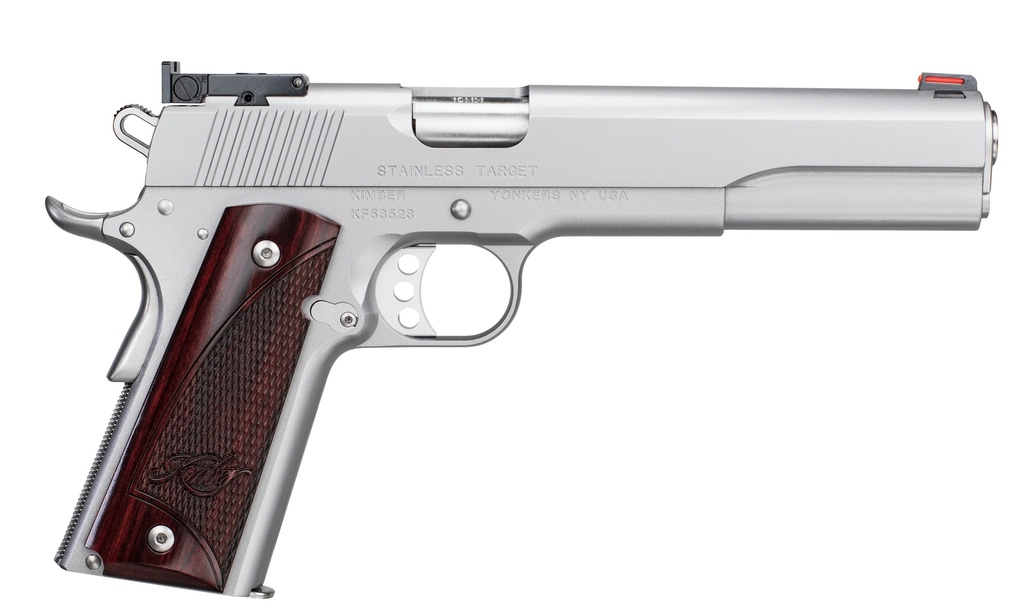 KIMBER MFG, INC 3000373 TARGET LONG SLIDE 45 ACP 7+1 6" STAINLESS MATCH GRADE BARREL, SATIN SILVER LONG/SERRATED STAINLESS STEEL SLIDE, SATIN SILVER STAINLESS STEEL FRAME W/BEAVERTAIL, ROSEWOOD GRIP