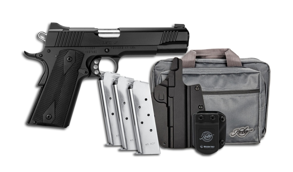KIMBER MFG.,INC 3700812 CUSTOM LW CLUB BUNDLE 45ACP 7+1 5" FRONT SERRATIONS STAINLESS SLIDE KIMPRO BLACK F/S RUBBER GRIP