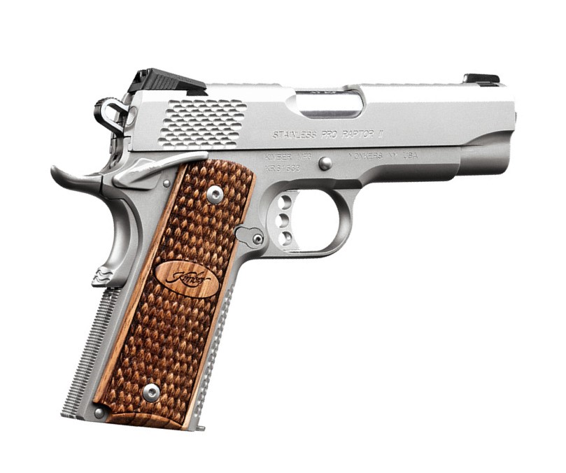 KIMBER MFG.,INC 3200195 STAINLESS PRO RAPTOR II 45ACP 8+1 4" STAINLESS STEEL SLIDE SATIN SILVER ZEBRAWOOD W/ SCALE PATTERN AND KIMBER LOGO GRIP