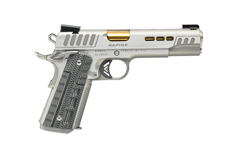 KIMBER MFG.,INC 3000424 RAPIDE DAWN 10MM AUTO 8+1 5" GOLD TIN STAINLESS STEEL BARREL, LIGHTENING CUT/SERRATED STAINLESS STEEL SLIDE, STAINLESS STEEL FRAME W/BEAVERTAIL, BLACK & GRAY G10 GRIP