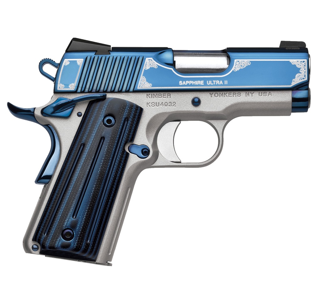 KIMBER MFG, INC 3200273 ULTRA II  9MM LUGER 8+1 3" STAINLESS MATCH GRADE BARREL, ENGRAVED SAPPHIRE BLUE PVD SERRATED STAINLESS STEEL SLIDE, SATIN SILVER ALUMINUM FRAME W/BEAVERTAIL, G10 GRIP