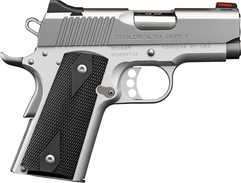KIMBER MFG.,INC 3200062CA STAINLESS ULTRA CARRY II (CA) 45 ACP 7+1 3" SATIN SILVER STEEL SLIDE BLACK SYNTHETIC DOUBLE DIAMOND CHECKERING GRIP