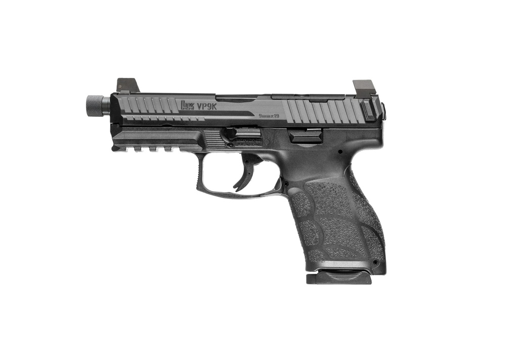 HK 81001230 VP9A1 K TACTICAL 9MM LUGER 15+1 4.70" BLACK THREADED BARREL, BLACK STEEL OPTIC READY/SERRATED SLIDE, BLACK POLYMER FRAME W/PICATINNY RAIL, TEXTURED GRIP