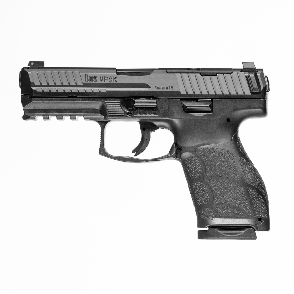 HK 81001059 VP9A1 K *CA COMPLIANT COMPACT 9MM LUGER 10+1 4.09" BLACK BARREL & STEEL OPTIC READY/SERRATED SLIDE, BLACK POLYMER FRAME W/PICATINNY RAIL, INTERCHANGEABLE BACKSTRAP GRIP, AMBIDEXTROUS