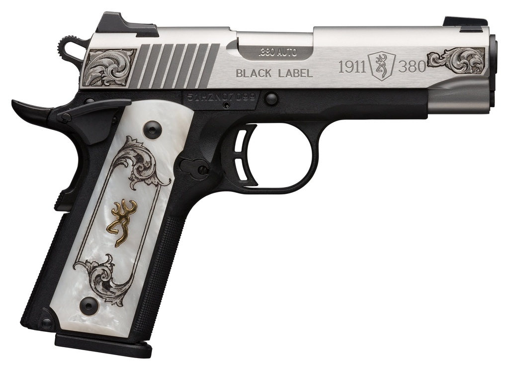 BROWNING 051967492 1911 BLACK LABEL MEDALLION COMPACT 380 ACP 8+1 3.63" MATTE STAINLESS STAINLESS STEEL BARREL & SERRATED SLIDE, MATTE BLACK POLYMER FRAME W/BEAVERTAIL, WHITE IMITATION PEARL GRIP
