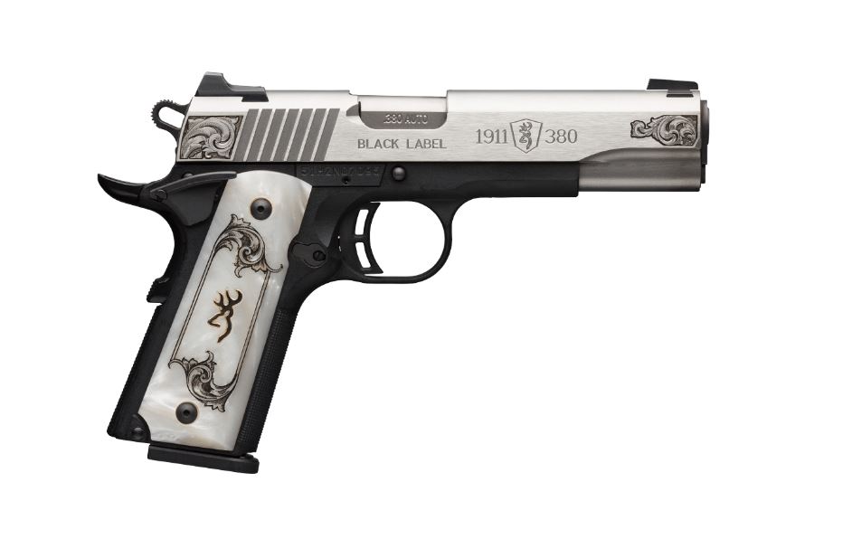BROWNING 051966492 1911 BLACK LABEL MEDALLION FULL SIZE FRAME 380 ACP 8+1 4.25" MATTE STAINLESS STEEL BARREL & SERRATED SLIDE, MATTE BLACK POLYMER FRAME W/BEAVERTAIL, WHITE IMITATION PEARL GRIP