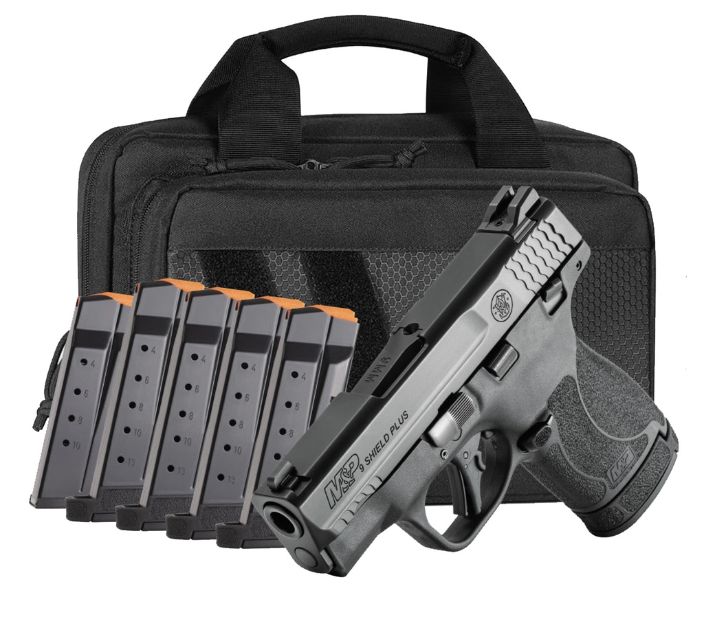SMITH & WESSON 14750 M&P SHIELD PLUS BUNDLE MICRO-COMPACT 9MM LUGER 13+1, 3.10" BLACK ARMORNITE STAINLESS STEEL BARREL & SERRATED SLIDE, MATTE BLACK POLYMER FRAME,  THUMB SAFETY, 6 MAGS & BAG