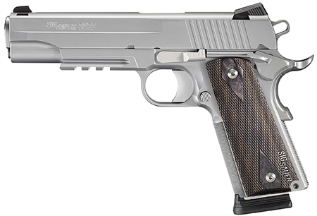SIG SAUER 1911R45SSSCA 1911 FULL SIZE *CA COMPLIANT 45 ACP CALIBER WITH 5" BARREL, 8+1 CAPACITY, OVERALL STAINLESS STEEL FINISH, PICATINNY RAIL/BEAVERTAIL FRAME, SERRATED SLIDE & BLACKWOOD GRIP