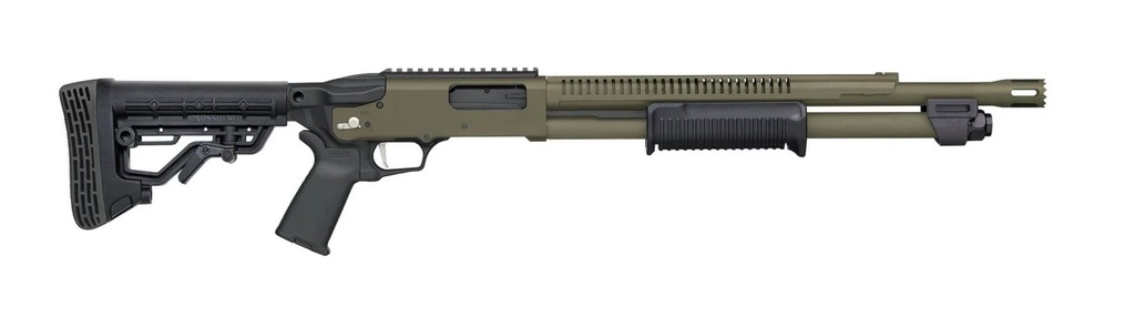 MOSSBERG 50757 590R  12 GAUGE PUMP 3" 6+1 18.50" OD GREEN CERAKOTE HEAT SHIELD BARREL, OD GREEN CERAKOTE STEEL RECEIVER, BLACK AR MIL-SPEC ADJUSTABLE SYNTHETIC STOCK, BLACK MAGPUL GRIP