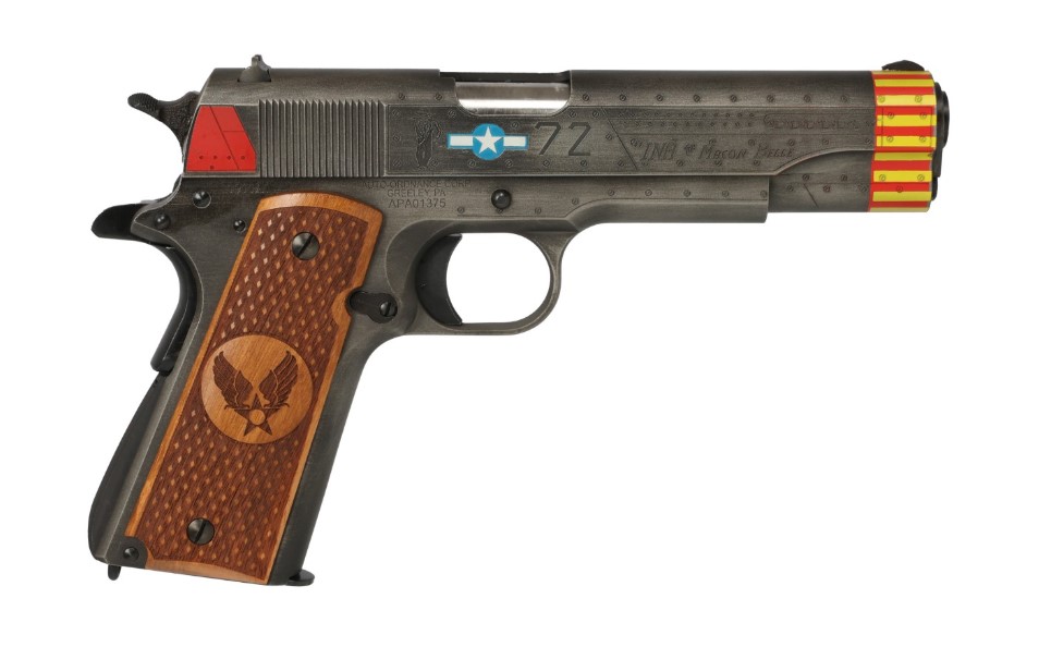 AUTO-ORDNANCE 1911BKOC18 1911 RED TAILS FULL SIZE FRAME 45 ACP 7+1 5" STAINLESS STEEL BARREL, SAVAGE CERAKOTE SERRATED SLIDE, SAVAGE CERAKOTE STEEL FRAME W/BEAVERTAIL, CUSTOM ENGRAVED WOOD GRIP