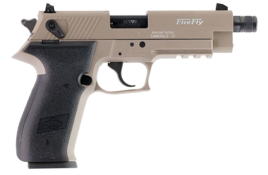 GSG GERG2213TFFTA FIREFLY  22 LR 13+1 4.90" BLACK THREADED BARREL, TAN ALUMINUM SERRATED SLIDE, TAN ALUMINUM FRAME W/PICATINNY RAIL, TEXTURED GRIP