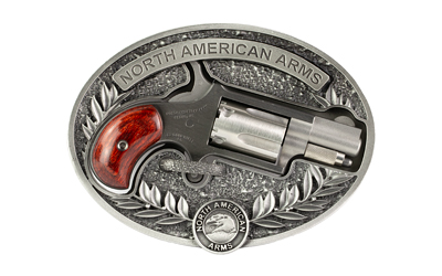 NORTH AMERICAN ARMS 22LR-BBO MINI-REVOLVER W/BELT BUCKLE 22 LR 5 SHOT 1.13" STAINLESS STEEL BARREL, FRAME & CYLINDER, ROSEWOOD BIRDSHEAD GRIP, EXPOSED HAMMER, INCLUDES CUSTOM CARRY BELT BUCKLE