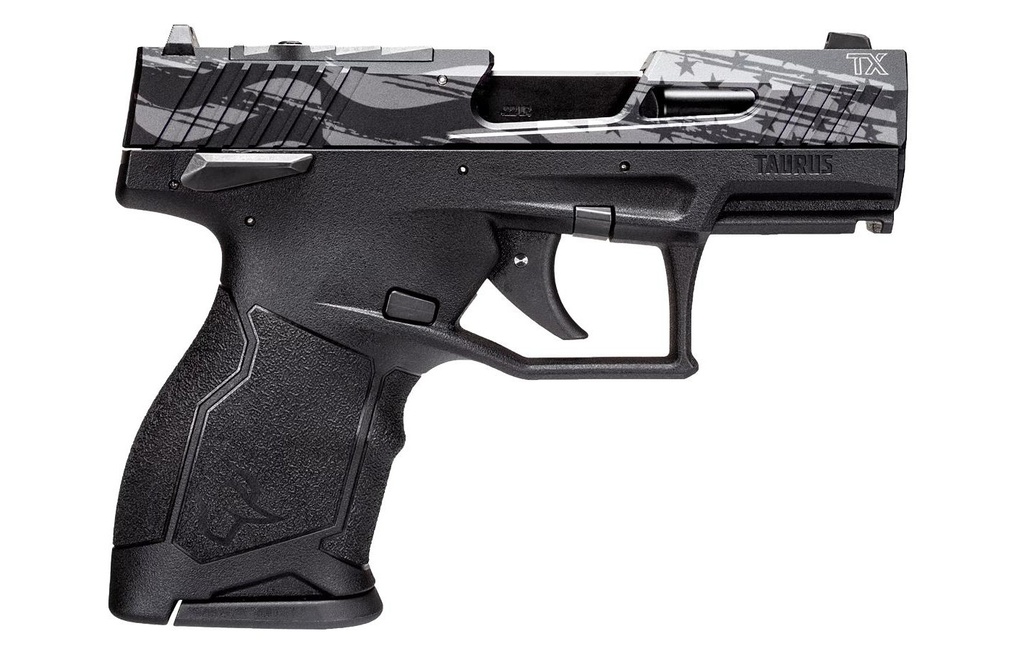 TAURUS 1TX2233110US5 TX22C T.O.R.O. COMPACT FRAME 22 LR 10+1 3.60" MATTE BLACK STEEL BARREL, ENGRAVED DISTRESSED USA FLAG OPTIC READY/SERRATED SLIDE, BLACK POLYMER FRAME