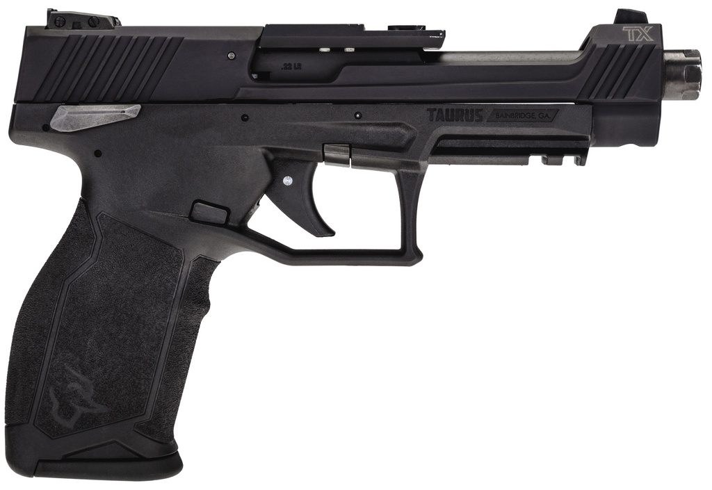 TAURUS 1TX22C15110 TX22 COMPETITION 22 LR 10+1 5.25" THREADED BULL BARREL, OVERALL BLACK FINISH, HARD COAT ANODIZED ALUMINUM OPTIC CUT/SERRATED SLIDE, POLYMER FRAME W/PICATINNY RAIL, POLYMER GRIPS