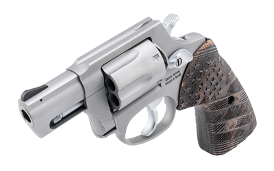 TAURUS 2-85629-US2 856  SMALL 6 SHOT 2" MATTE STAINLESS STEEL BARREL & FRAME, POLISHED CYLINDER, CUSTOM DESIGNED WOOD GRIP W/STARS, TRANSFER BAR SAFETY, EXPOSED HAMMER