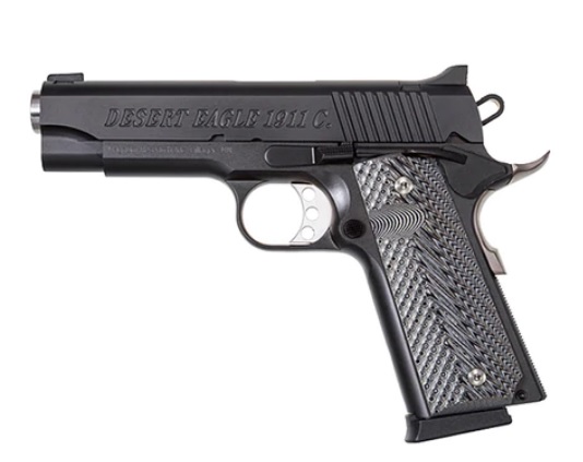 MAGNUM RESEARCH DE1911C 1911 C 45 ACP CALIBER WITH 4.33" BULL BARREL, 8+1 CAPACITY, OVERALL MATTE BLACK FINISH CARBON STEEL, BEAVERTAIL FRAME, SERRATED SLIDE & BLACK/GRAY G10 GRIP