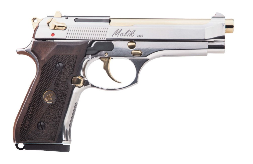 DERYA FIREARMS 15L.MELIK9.NG.TR MELIK  9MM LUGER 15+1 4.90" GOLD TIN STEEL BARREL, BLACK MELONITE SERRATED STEEL SLIDE,  BLACK ALUMINUM FRAME, BLACK POLYMER GRIP