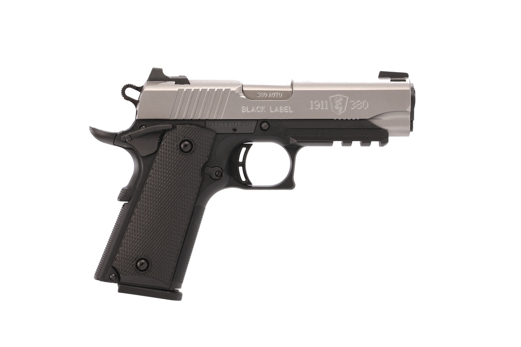 BROWNING 051121492 1911 BLACK LABEL COMPACT 380 ACP 8+1 3.63" STAINLESS STEEL BARREL, SATIN STAINLESS STEEL SERRATED SLIDE, MATTE BLACK POLYMER FRAME W/PICATINNY RAIL, BLACK POLYMER GRIP