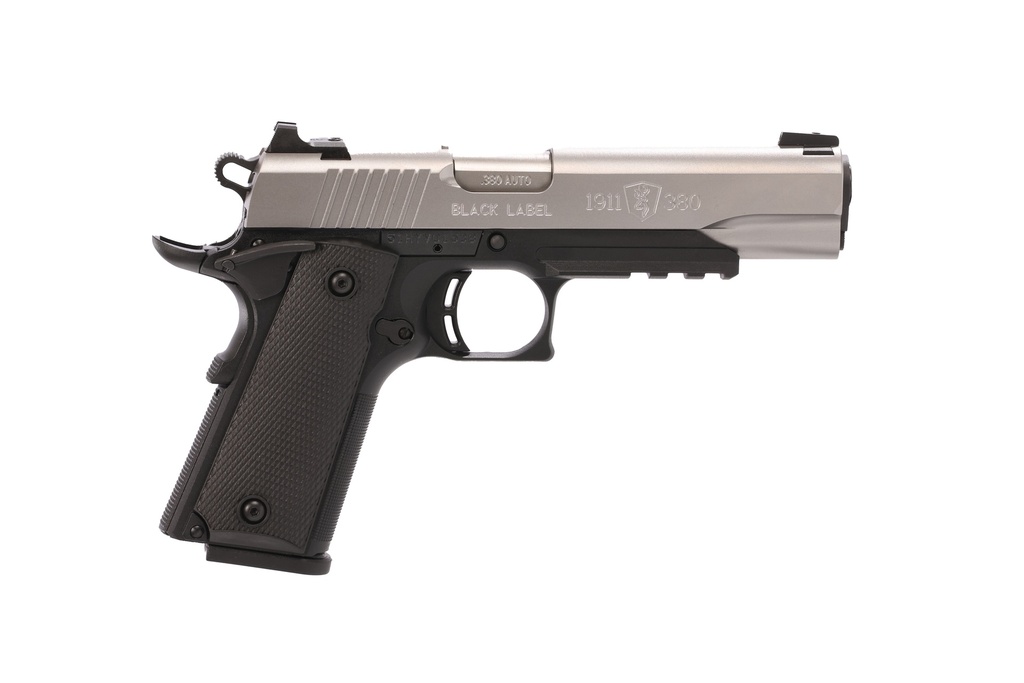 BROWNING 051120492 1911 BLACK LABEL FULL SIZE FRAME 380 ACP 8+1 4.25" STAINLESS STEEL BARREL, SATIN STAINLESS SERRATED SLIDE, MATTE BLACK POLYMER FRAME W/PICATINNY RAIL, BLACK POLYMER GRIP