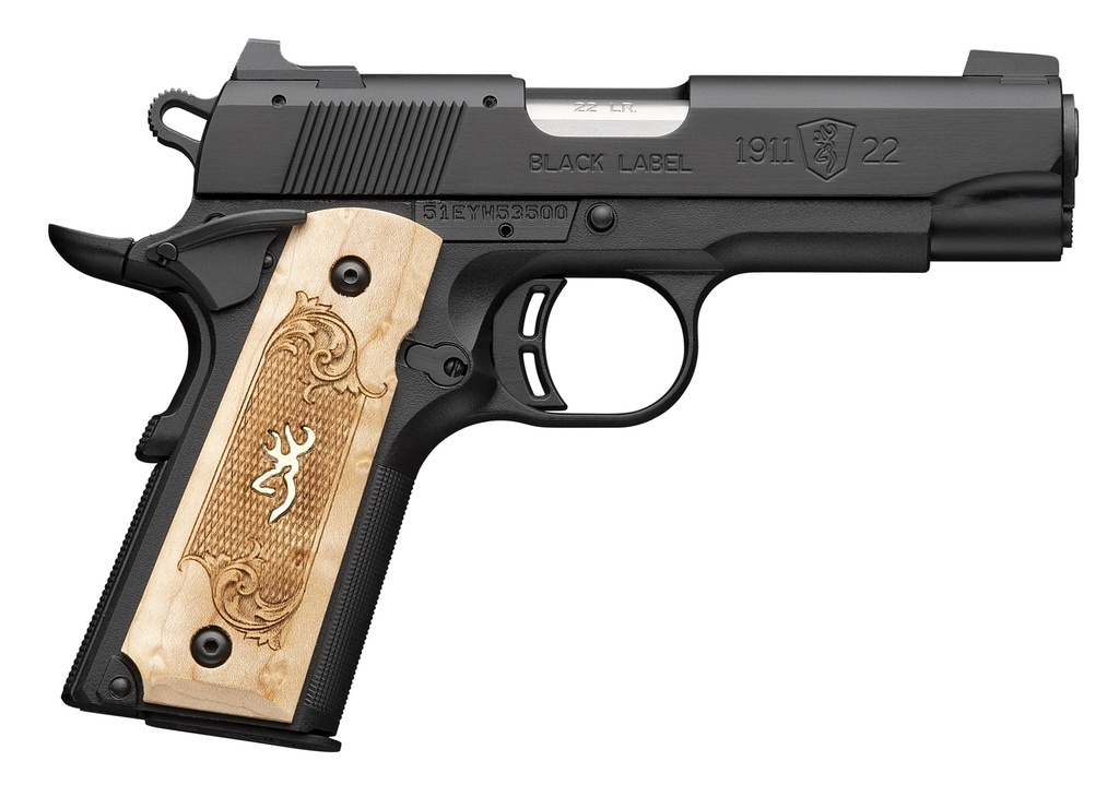 BROWNING 051068490 1911-22 BLACK LABEL MEDALLION COMPACT FRAME 22 LR 10+1 3.63" STAINLESS STEEL BARREL, MATTE BLACK SERRATED SLIDE, MATTE BLACK ALUMINUM FRAME W/BEAVERTAIL, MAPLE MEDALLION GRIP