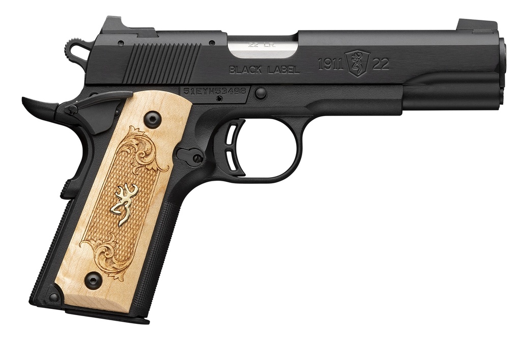 BROWNING 051067490 1911-22 BLACK LABEL MEDALLION FULL SIZE FRAME 22 LR 10+1 4.25" STAINLESS STEEL BARREL, MATTE BLACK SERRATED SLIDE, MATTE BLACK ALUMINUM FRAME W/BEAVERTAIL, MAPLE MEDALLION GRIP