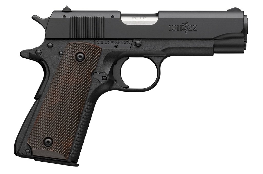 BROWNING 051064490 1911 A1 COMPACT FRAME 22 LR 10+1 3.63" STAINLESS STEEL BARREL, MATTE BLACK SERRATED SLIDE, MATTE BLACK POLYMER FRAME, BROWN COMPOSITE GRIP