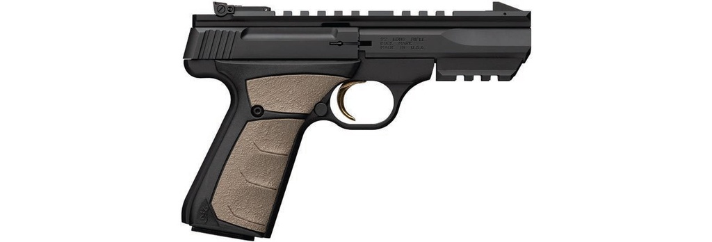 BROWNING 051601490 BUCK MARK BLACK LABEL URX 22 LR 10+1 5.50" MATTE BLUED CONTOURED BARREL, MATTE BLACK SERRATED SLIDE, MATTE BLACK ALUMINUM FRAME W/PICATINNY RAIL, FDE UFX OVERMOLDED GRIP