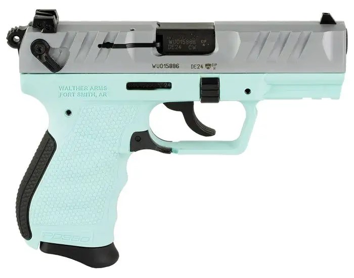 WALTHER ARMS 5050525 PD380  380 ACP 9+1 3.70" BLACK STEEL BARREL, NICKEL SERRATED STEEL SLIDE, ANGEL BLUE POLYMER FRAME, TEXTURED WRAPAROUND GRIP