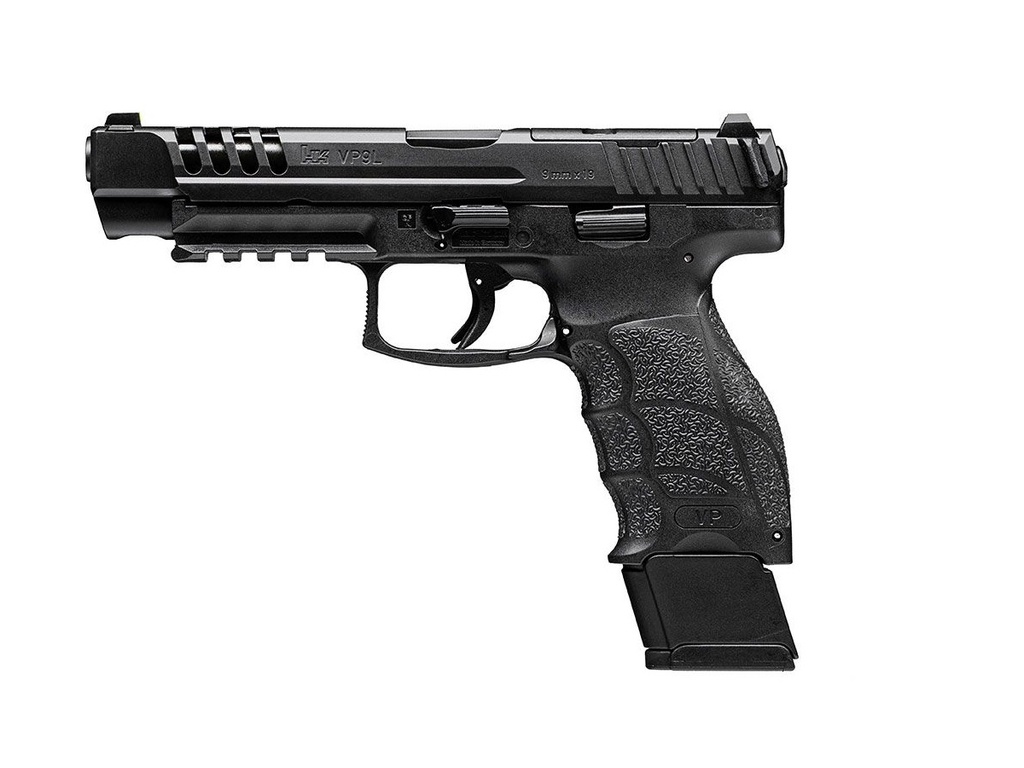 HK 81001157 VP9L  9MM LUGER 15+1 5" BLACK POLYGONAL RIFLED BARREL, LONG/LIGHTENING CUTS/OPTIC CUT STEEL SLIDE, POLYMER FRAME W/PICATINNY RAIL, BLACK INTERCHANGEABLE BACKSTRAP GRIP