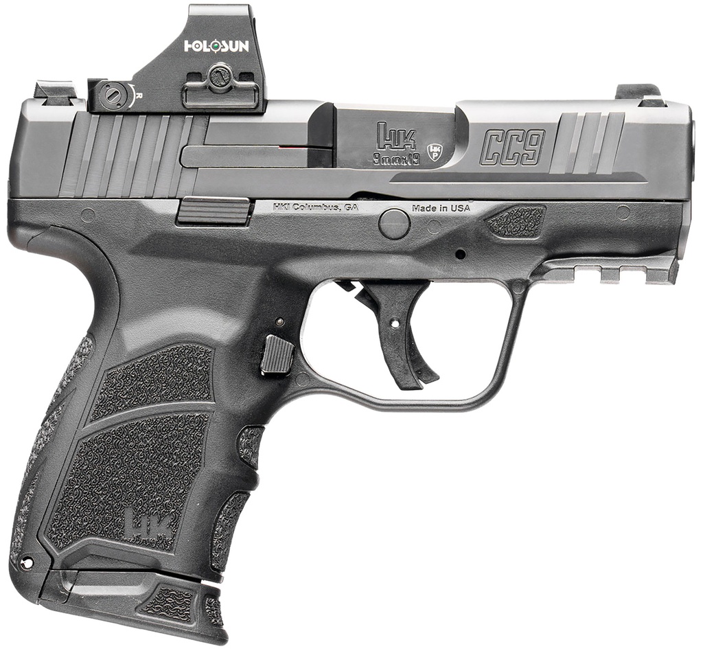 HK 81001132 CC9  9MM LUGER 10+1 3.32" BLACK POLYGONAL RIFLED BARREL, OPTIC READY RMSC/407K FOOTPRINT/SERRATED STEEL SLIDE, POLYMER FRAME W/PICATINNY RAIL, BLACK INTERCHANGEABLE BACKSTRAP GRIP