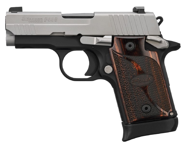 SIG SAUER 9389TXR3AMBI P938  MICRO-COMPACT FRAME 9MM LUGER 6+1/7+1 3" BLACK STEEL BARREL, BEAD BLAST SERRATED STAINLESS STEEL SLIDE, BLACK ANODIZED ALUMINUM FRAME W/BEAVERTAIL, ROSEWOOD HOGUE GRIP