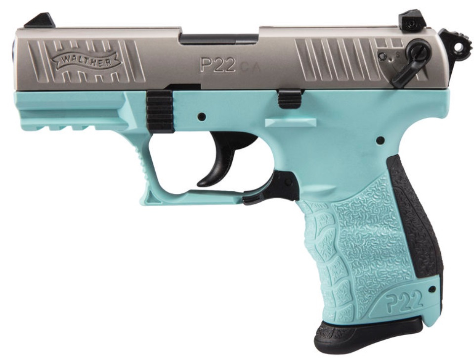 WALTHER ARMS 5120362 P22 *CA COMPLIANT 22 LR 10+1 3.42" STAINLESS STEEL SERRATED/STEEL SLIDE, ANGEL BLUE POLYMER FRAME W/PICATINNY RAIL, BLACK INTERCHANGEABLE BACKSTRAP GRIPS