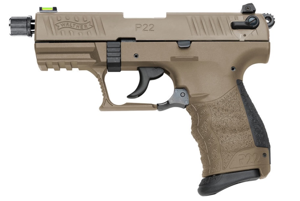 WALTHER ARMS 5120753 P22 Q TACTICAL 22 LR 10+1 3.42" STEEL/THREADED BARREL, FLAT DARK EARTH SERRATED/STEEL SLIDE, FLAT DARK EARTH POLYMER FRAME W/PICATINNY RAIL, BLACK INTERCHANGEABLE BACKSTRAP GRIPS