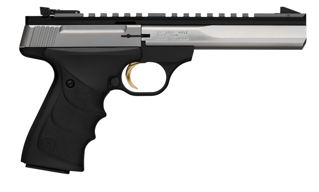 BROWNING 051507490 BUCK MARK CONTOUR 22 LR 10+1, 5.50" POLISHED FLATS CONTOURED BARREL, MATTE STAINLESS SERRATED W/PICATINNY RAIL SLIDE, MATTE BLACK ANODIZED FRAME, BLACK URX GRIP, AMBIDEXTROUS