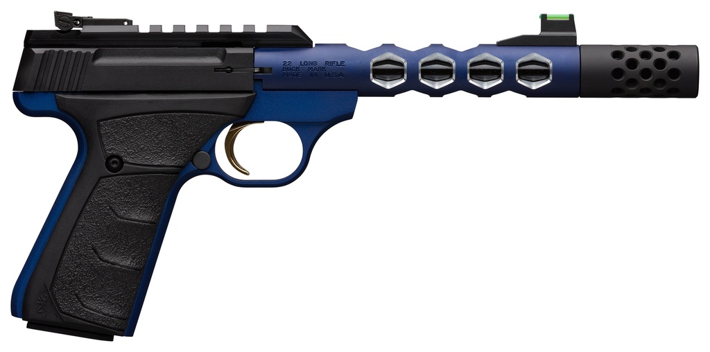 BROWNING 051562490 BUCK MARK PLUS 22 LR 10+1 5.90" VISION, THREADED W/SAWTOOTH CUTS BARREL, MATTE BLACK OPTIC READY/SERRATED STEEL SLIDE, BLUE ANODIZED ALUMINUM BLACK ULTRAGRIP FX GRIPS