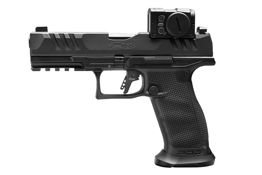 WALTHER ARMS 2881225PRO PDP W/OPTIC FULL SIZE FRAME 9MM LUGER 18+1 4.50" POLYGONAL RIFLING BARREL BLACK OPTIC READY/SERRATED STEEL SLIDE BLACK POLYMER FRAME W/PICATINNY RAIL, AIMPOINT ACRO RED DOT